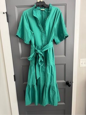 Emerald Ruffle-Trim Midi Dress with Tie Waist